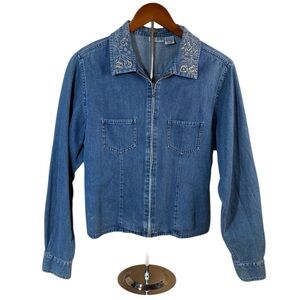 Sun River Denim Jacket Embroidered appliquéd collar Zip Front Blue Size Large